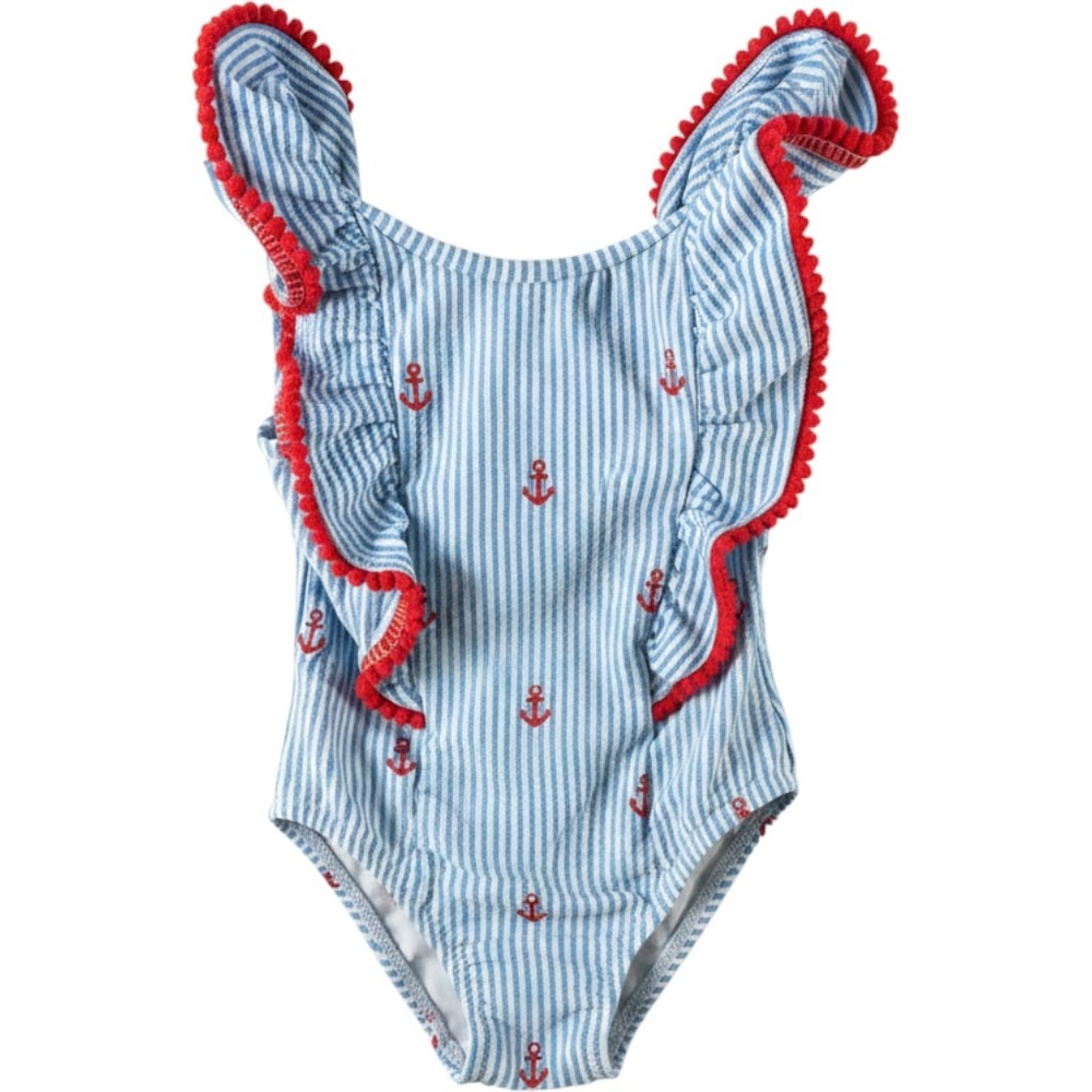 Little Me Nautical One Piece Swimsuit Anchor Pom Pom Blue White 2T Girls